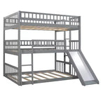 Full Over Full Triple Bunk Bed with Convertible Ladder and Slide, Triple Bed with Guardrails, White/Gray/Espresso - ModernLuxe