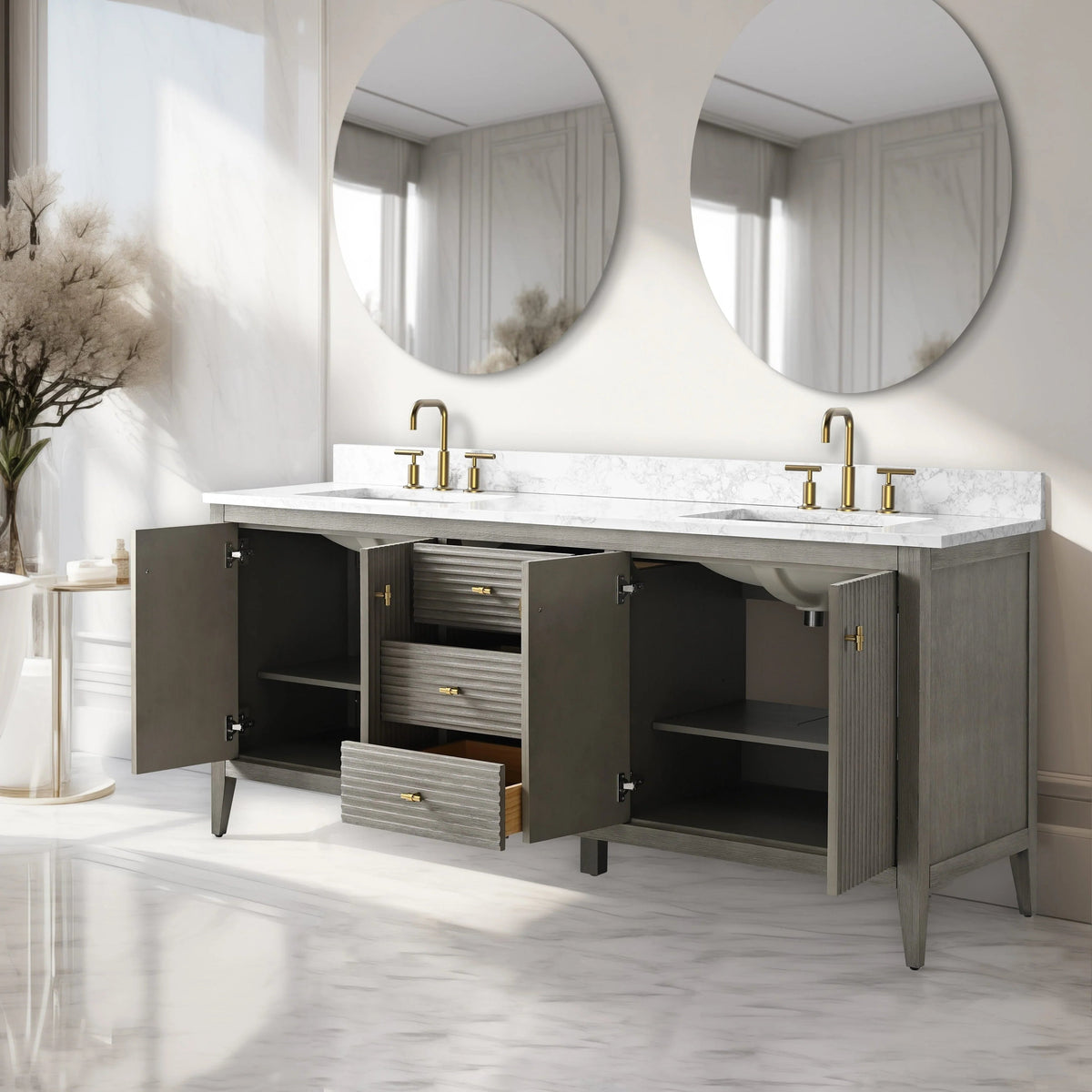 Vanity Art 72 Double Sink Bathroom Vanity Cabinet with Engineered Marble Top
