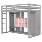 Kids Loft Bed with Wardrobe and Shelves, Wooden Loft Bed Frame with Storage Cabinet for Kids Teens