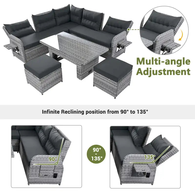 Outdoor Rattan Sectional Sofa Set with Adjustable Table & Recliners
