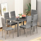 Grondin Modern Style 7-Piece Dining Room Table Set with Tempered Glass Tabletop and 6 PU Leather Upholstered Chairs