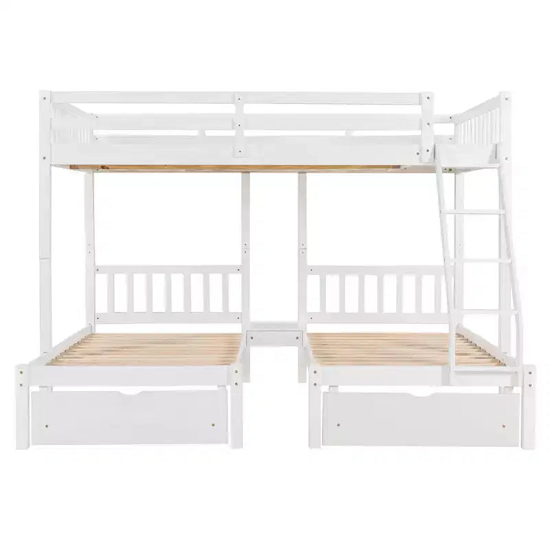 Full Over Twin & Twin Bunk Bed for 3, Wooden Triple Bunk Bed with 2 Storage Drawers, can be Divided into 3 Separate Beds