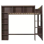 Whisen Queen Size Wooden Loft Bed Frame with Storage Cabinets and Shelves