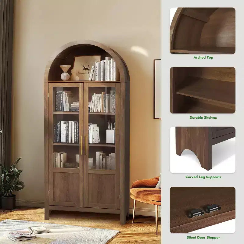 71 Tall Arched Storage Cabinet with 2 Acrylic Doors and Shelves for Living Room