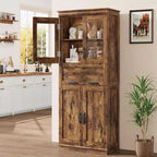 66.9 Large Bathroom Cabinet with 4 Doors, Freestanding Storage Cabinet with Glass Doors, Adjustable Shelves & Drawers for Kitchen Pantry Living Room