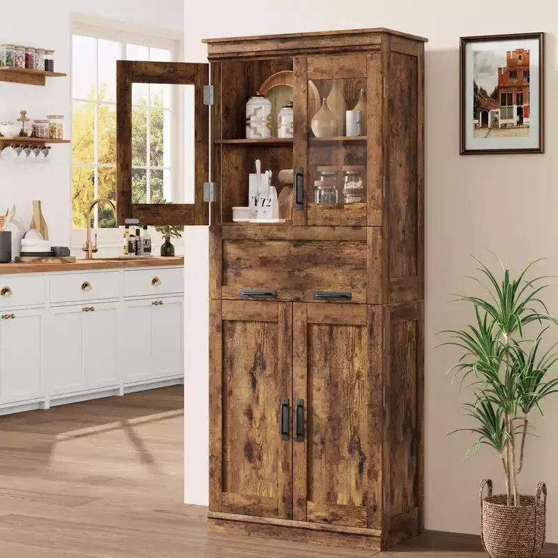 66.9 Large Bathroom Cabinet with 4 Doors, Freestanding Storage Cabinet with Glass Doors, Adjustable Shelves & Drawers for Kitchen Pantry Living Room