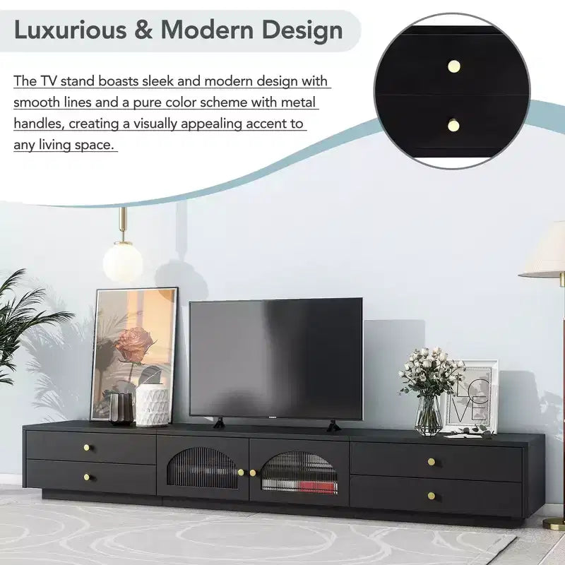 TV Stand for 95 TV, Extra Long Media Console with 2 Doors & 4 Drawers, Large TV Storage Cabinet Entertainment Center with Fluted Glass Doors