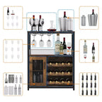 Grey 3-Tier Industrial Wine Bar Cabinet (12+ Bottles)  36H x 24W x 15D, Detachable Rack, 9 Glass Holders & Adjustable Shelves for Home/Bar