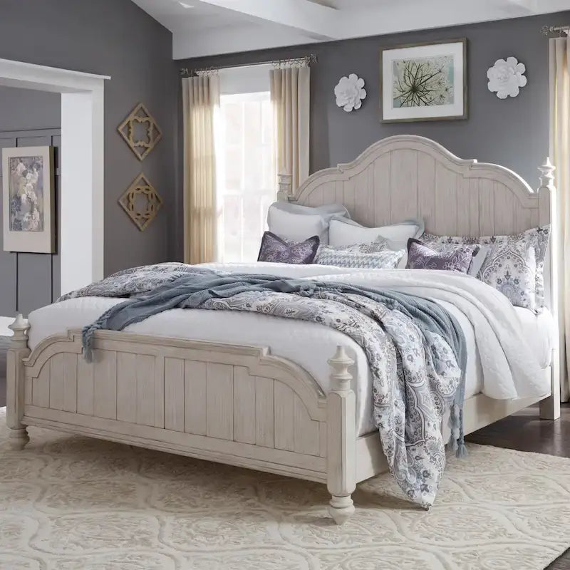 Farmhouse Cottage Queen Poster Bed ¨C Antique White with Chestnut Tops