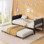 Twin Size Daybed with Trundle, Metal Frame with Wavy Wood Grain Headboard, Lockable Casters, Space-Saving Sofa Bed, No Box Spring Needed