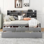 Full Size Wooden Captain Platform Bed with Built-in Bookshelves, Three Storage Drawers and Trundle