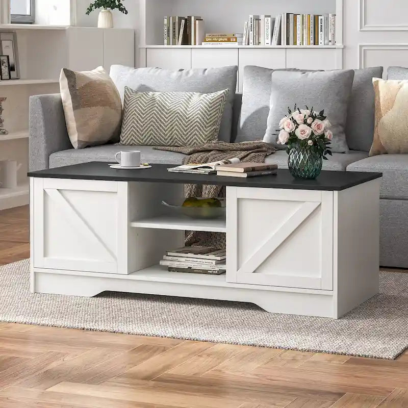 47 Rustic Farmhouse Coffee Table with Storage & Sliding Doors