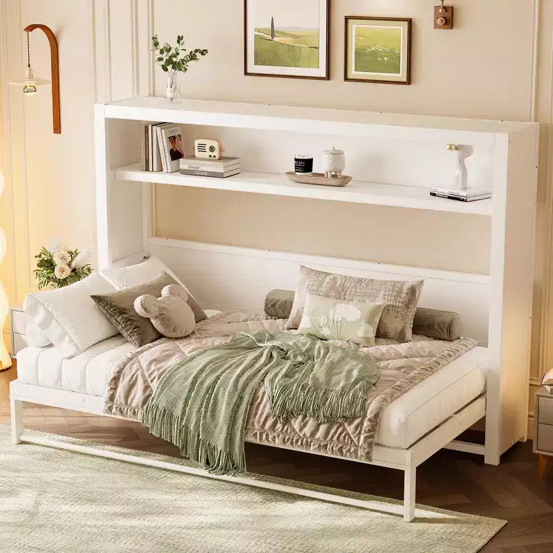 Twin Size Murphy Bed with Shelves, Metal Wall Bed with Foldable Design for Small Space