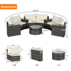 11-Piece Outdoor Half-Round Modular Sectional Sofa Set with Tempered Glass Coffee Table and 4 Side Table