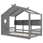 Twin Size Floor House Bed, Kids Montessori Playhouse Bed with Storage Shelf and Roof Design