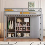Kids Loft Bed with Wardrobe and Shelves, Wooden Loft Bed Frame with Storage Cabinet for Kids Teens