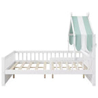 ModernLuxe Twin/Full Size Wooden House Bed with Storage Headboard, Solid Pine Kids Bed Frame with Guardrails