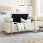 Upholstered Linen Storage Bench with Cylindrical Arms and Gold Metal Legs