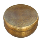 32 Inch Artisanal Round Drum Coffee Table, Hammered Embossed Texturing, Aluminum, Antique Brass
