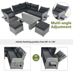 Outdoor Rattan Furniture Set with Adjustable Table, Recliners and 2 Ottomans