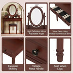 Okak Vintage Wooden Makeup Vanity with Adjustable Angle Mirror, Vanity Table with 5 Drawers and Cushioned Stool, Vanity Desk for Bedroom