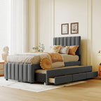 Twin Size Upholstered Platform Bed with Trundle and 3 Drawers, Linen Fabric