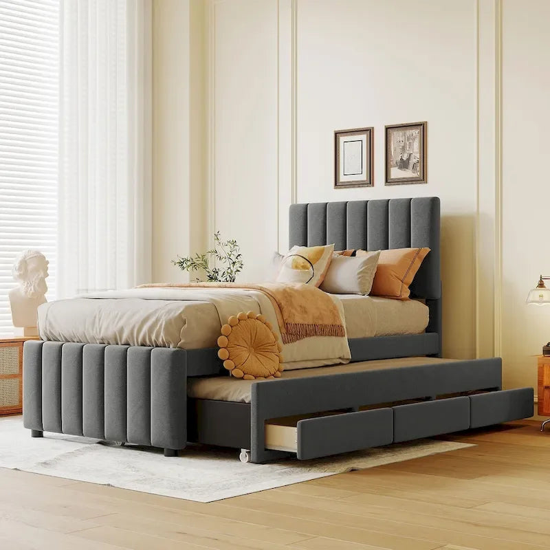 Twin Size Upholstered Platform Bed with Trundle and 3 Drawers, Linen Fabric