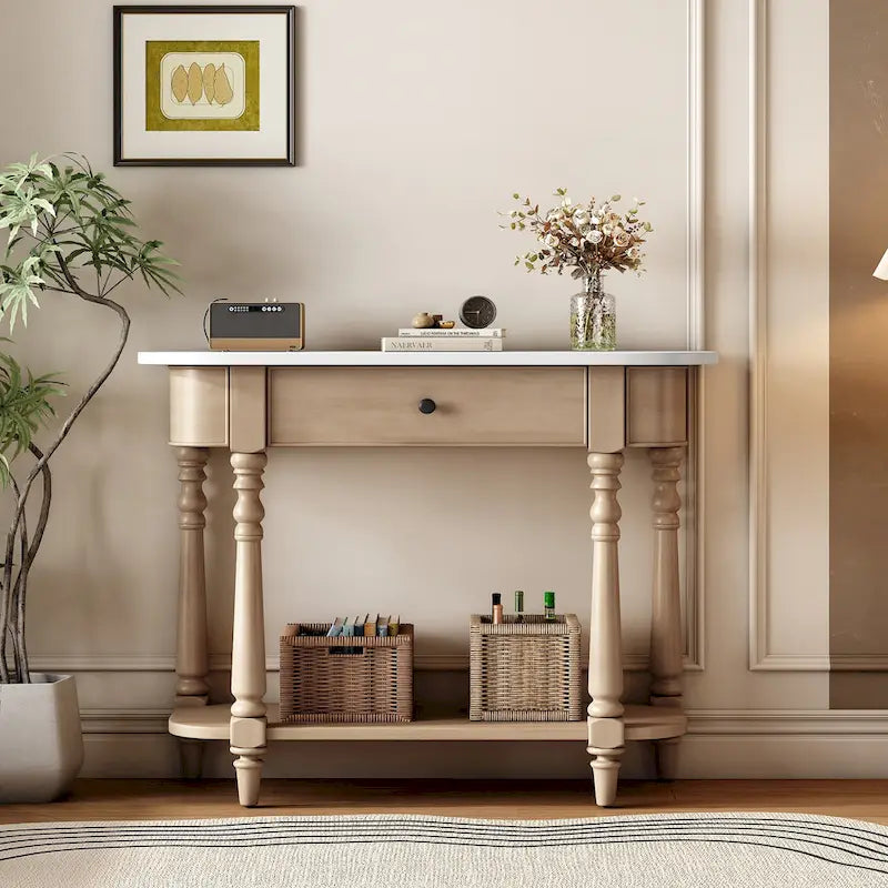 Retro Narrow Console Table with Curved Corner, Top Drawer & Open Shelf