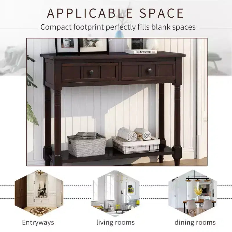 The Misty Moon Daisy Series Console Table Traditional Design with Two Drawers and Bottom Shelf (Espresso)