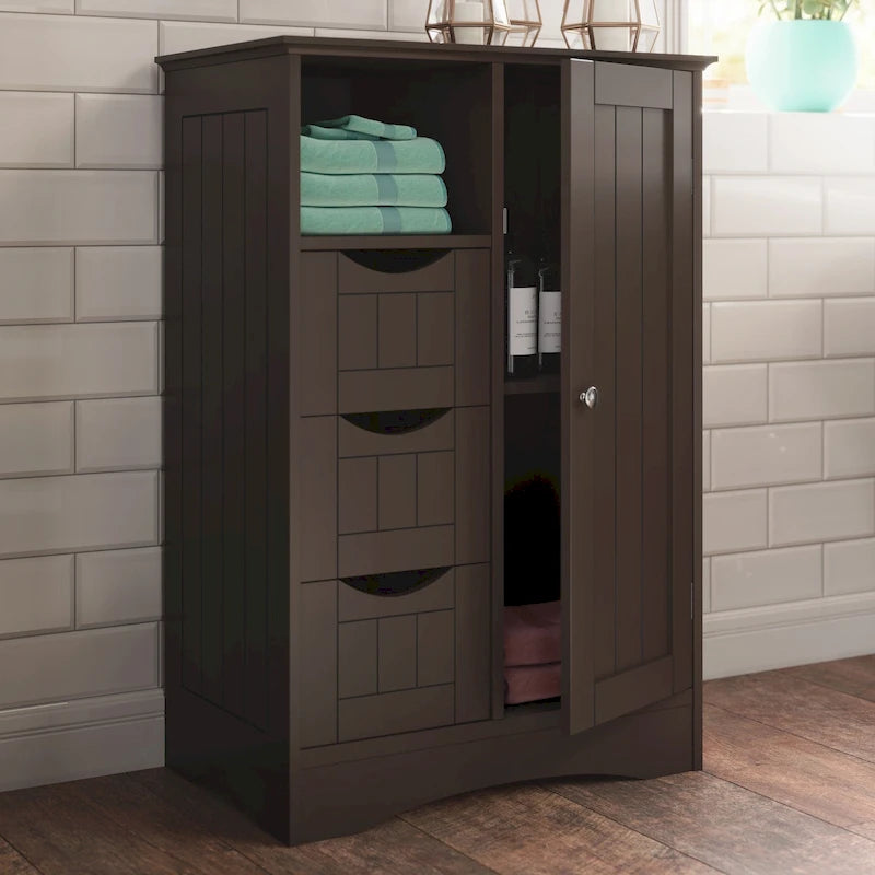 RiverRidge Ashland Single Door Bathroom and Laundry Storage Cabinet with 3 Drawers, Open and Adjustable Shelf
