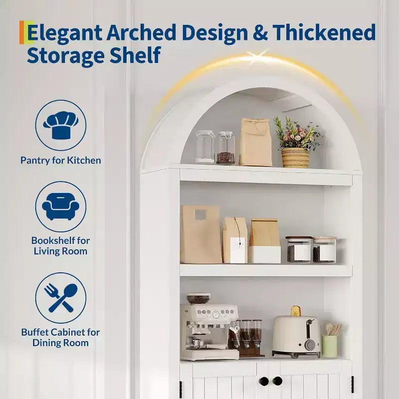 72 Tall Arched Cabinet, 5 Tier Arched Bookshelf with Double Doors & Adjustable Shelf, Wooden Bookcase with Storage for Home Office