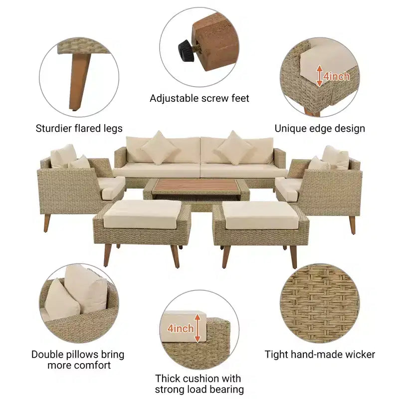 Whisen 6-Pieces All Weather PE Wicker Sofa Set, Outdoor Rattan sofa With Double Cushions