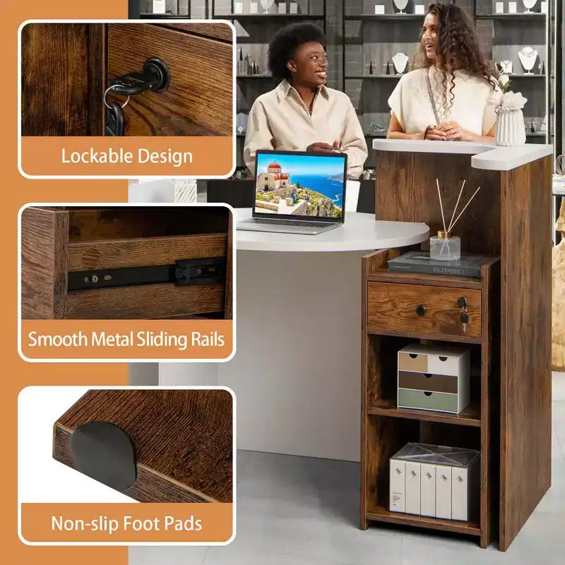 Costway Front Reception Counter Desk Checkout Office Desk with Open Shelf & Lockable Drawer White/Brown/Black