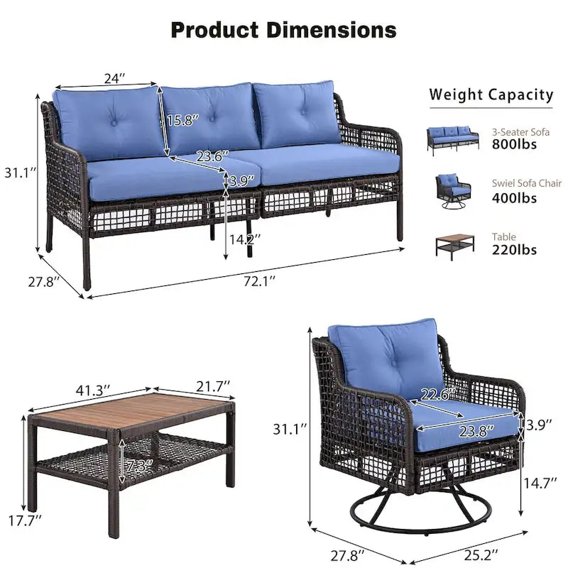 4-Pieces Outdoor Rattan Conversation Sofa Set with Swivel Chairs and Coffee Table