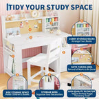Kids Study Desk & Chair Set with Storage, Kids Study Desk with Hutch and Tiltable, Wooden Children Table with Storage Cabinet for 3-8 Years Old