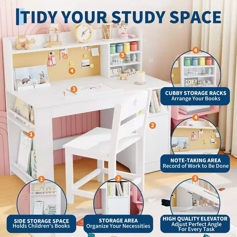 Kids Study Desk & Chair Set with Storage, Kids Study Desk with Hutch and Tiltable, Wooden Children Table with Storage Cabinet for 3-8 Years Old