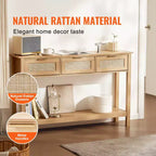 VEVOR Rattan Console Table with 3 Storage Drawers, Rattan Entryway Table with Natural Rattan Sliding Door, Console Sofa Table, Natural