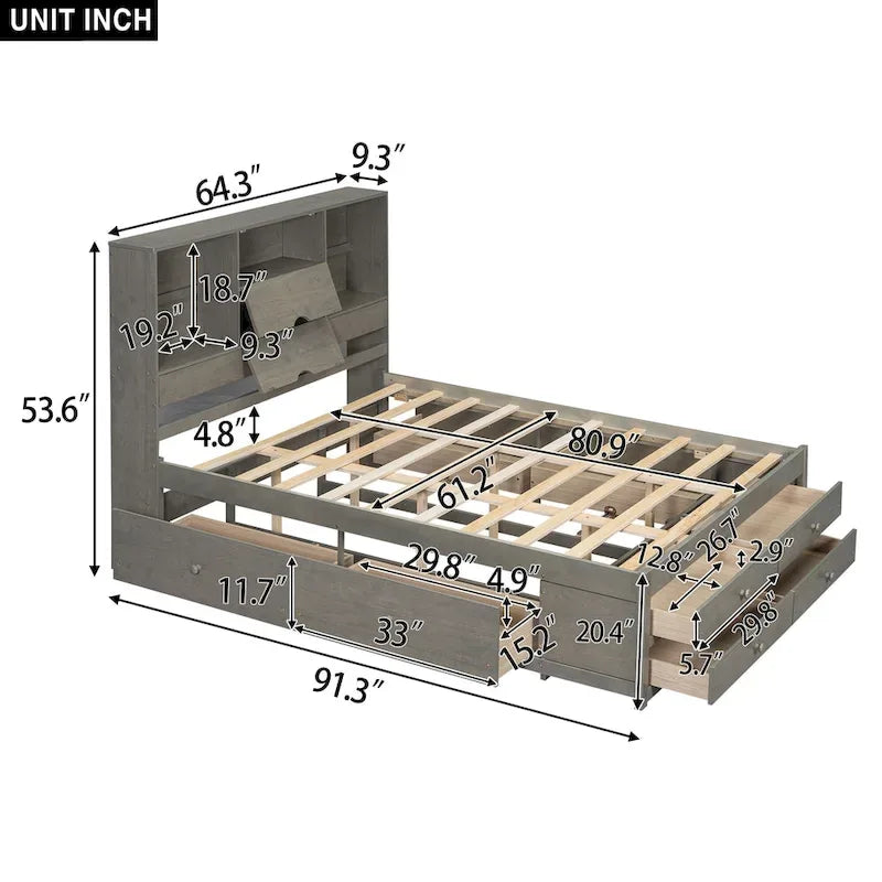 Gray Queen Size Modern Wooden Bed with Storage Headboard and 8 Drawers
