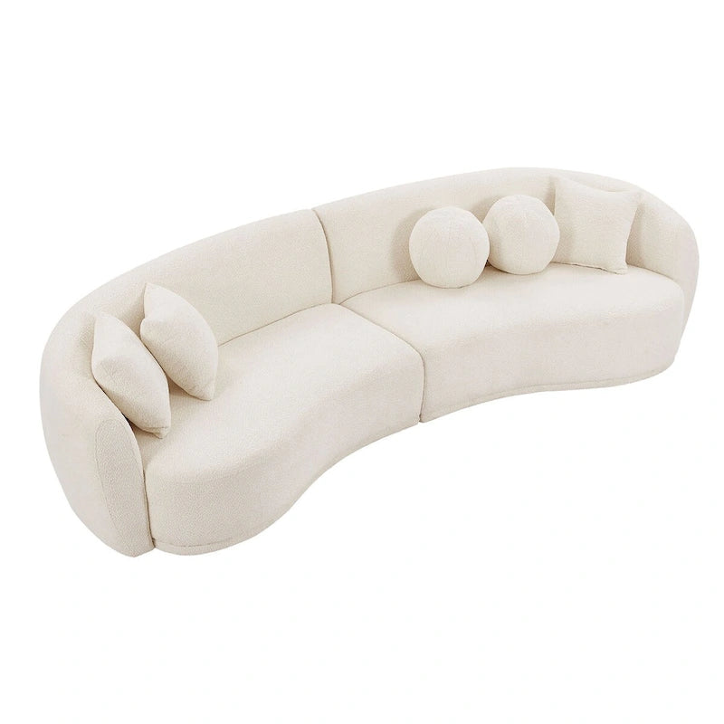 Deep Seat Curved Sectional Sofa, Boucle Fabric with 5 Throw Pillows