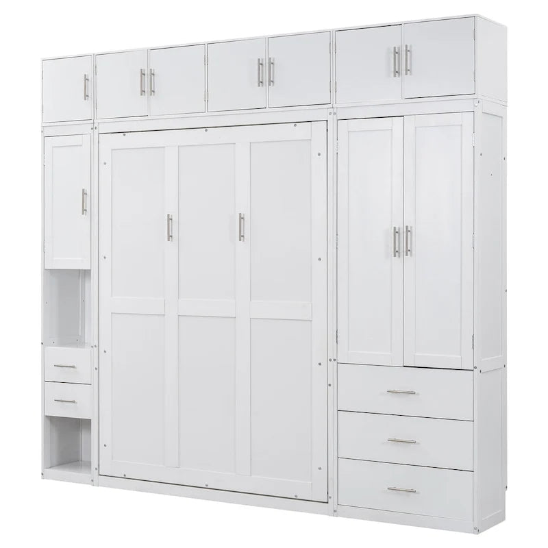 White Full Size Modern Murphy Bed with Drawers, Lockers, and Wardrobes