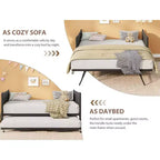 Twin Size Daybed with Trundle, Metal Frame with Wavy Wood Grain Headboard, Lockable Casters, Space-Saving Sofa Bed, No Box Spring Needed