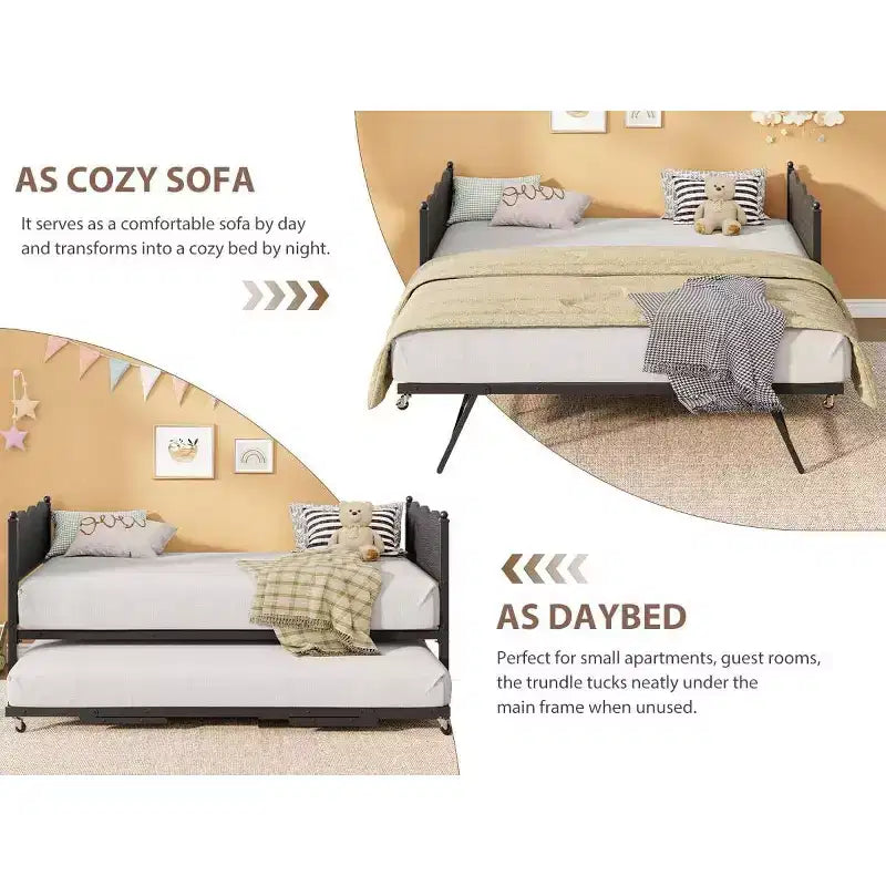 Twin Size Daybed with Trundle, Metal Frame with Wavy Wood Grain Headboard, Lockable Casters, Space-Saving Sofa Bed, No Box Spring Needed