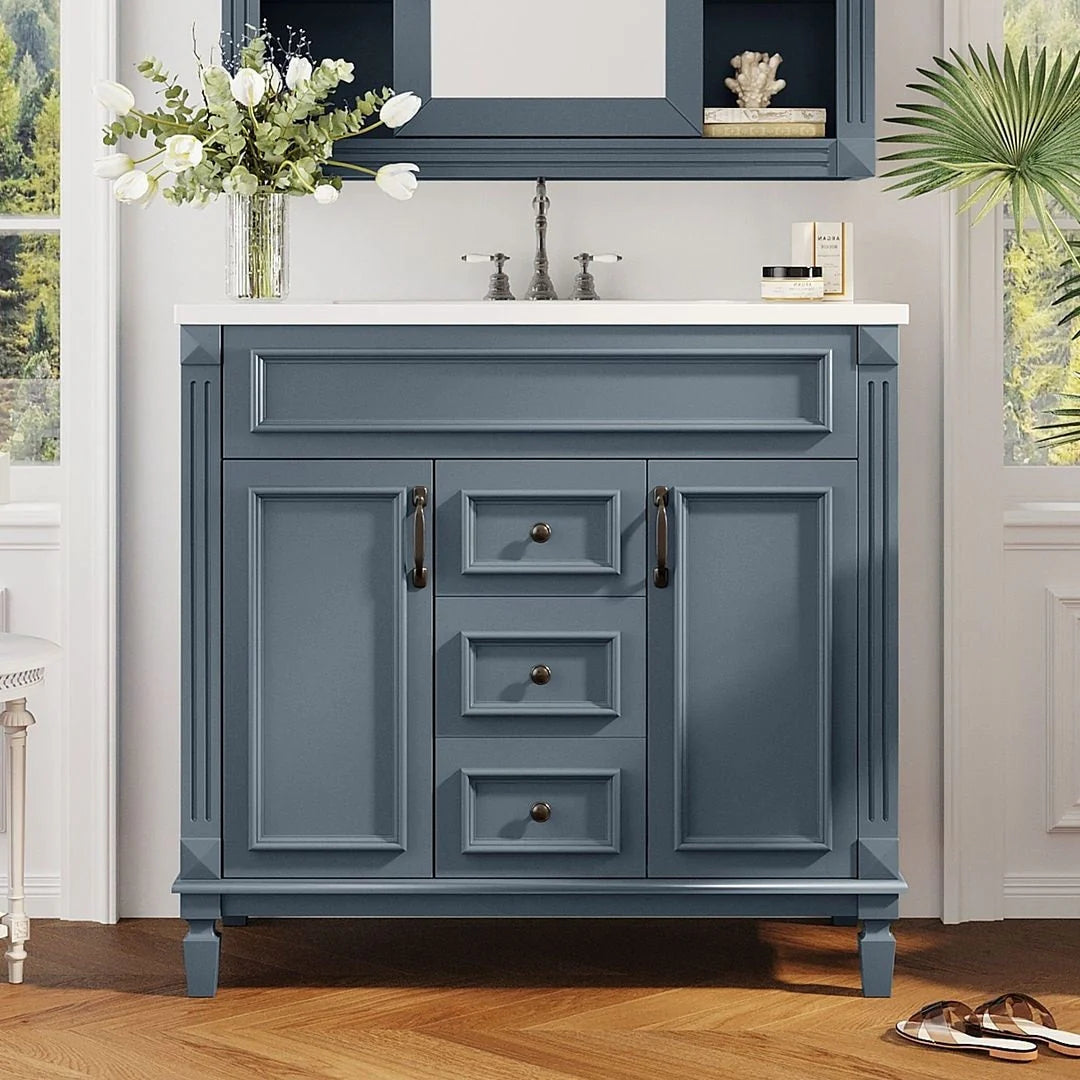 36 Modern Bathroom Vanity with Top Sink and Mirror Cabinet,2 Doors and 2 Drawers