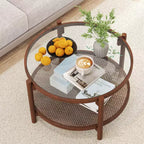31 Round Coffee Table with Tempered Glass Top & Rattan Shelf