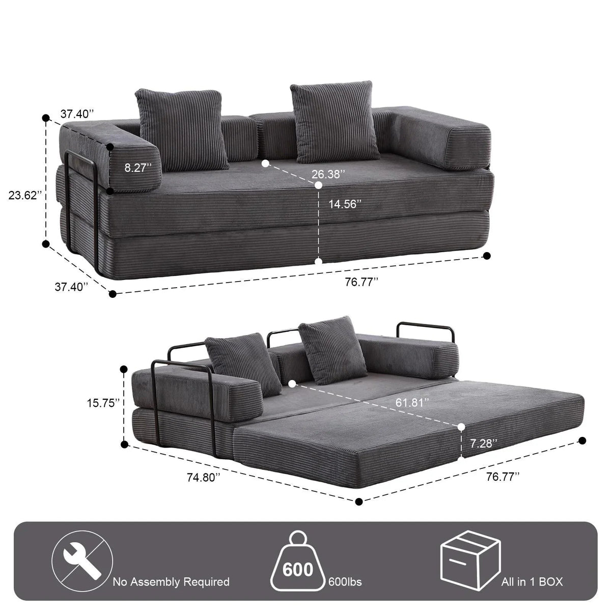 Convertible Floor Sofa Bed with Pillow Back Chenille Fabric for Living Room Bedroom