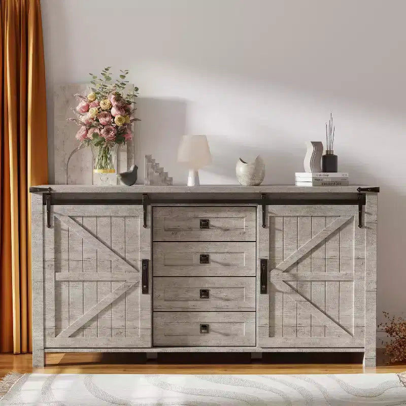 SinCiDo Farmhouse 60Dressing Table with Sliding Barn Door and 4 Drawers,Drawer Cabinet Living Room,Bedroom,Coffee Bar