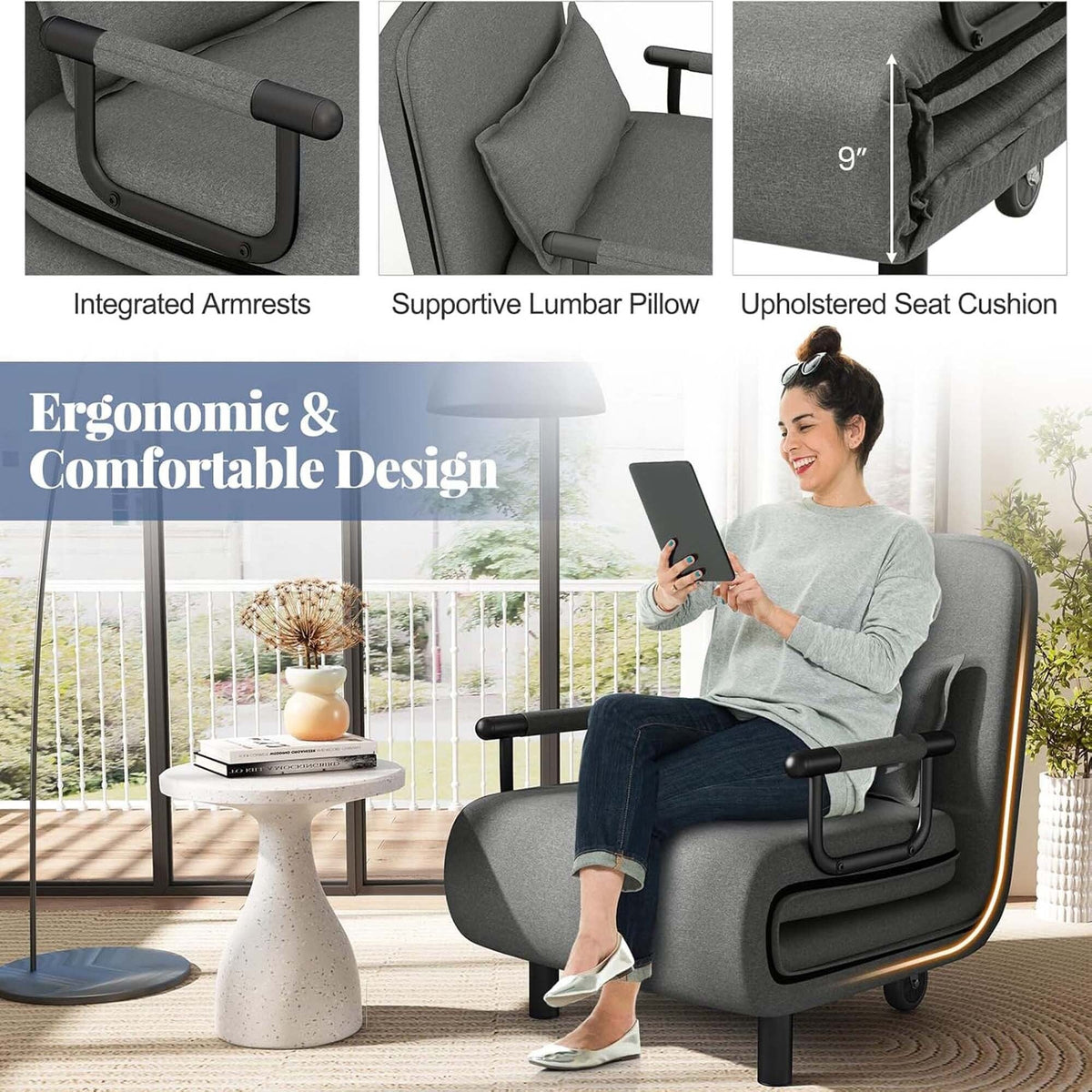 Folding Sleeper Chair Convertible Sofa Bed w/ Adjustable Backrest