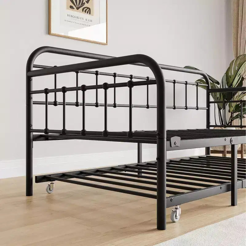 MAYEERTY Twin Size Metal Daybed Frame with Trundle, Heavy Duty Sofa Bed Platform, No Box Spring Needed, Black
