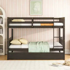 Twin Over Twin Modern Wood Bunk Bed with Trundle, Convertible into 2 Beds