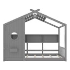 Twin Size Floor House Bed, Kids Montessori Playhouse Bed with Storage Shelf and Roof Design